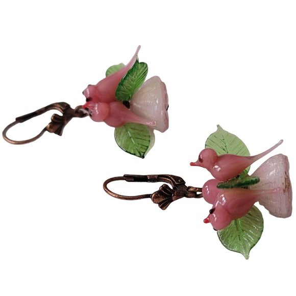 Czech Pink Glass Bird, Leaves Leverback Earrings E78 - Picture 4 of 7